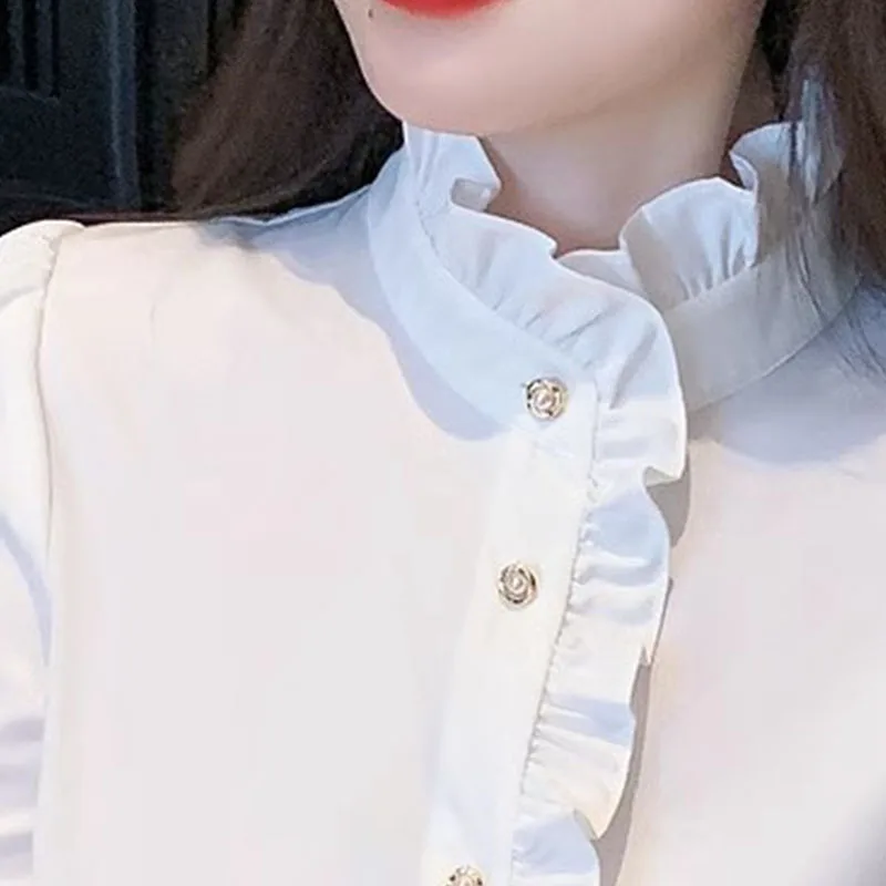 1pcs Woman Spring Autumn French Style Elegant Shirts Lady Fashion White Shirt Female Casual Long Sleeve Half High Collar Tops - Image 4