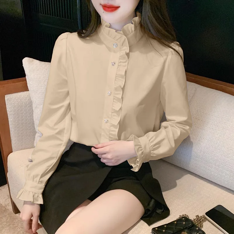 1pcs Woman Spring Autumn French Style Elegant Shirts Lady Fashion White Shirt Female Casual Long Sleeve Half High Collar Tops - Image 5