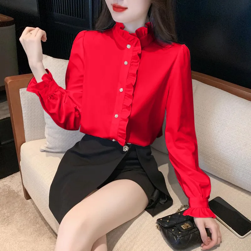 1pcs Woman Spring Autumn French Style Elegant Shirts Lady Fashion White Shirt Female Casual Long Sleeve Half High Collar Tops - Image 6