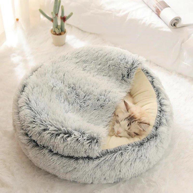 2 in 1 Round Warm Pet Bed House Polyester Cat Bed, Long Plush, Winter, with Sleeping Bag Sofa Cushion for Cat - Image 7