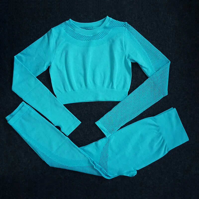 2 Piece Gym Set Women Hollow Out Yoga Set Long Sleeve Top High Waist - Image 12