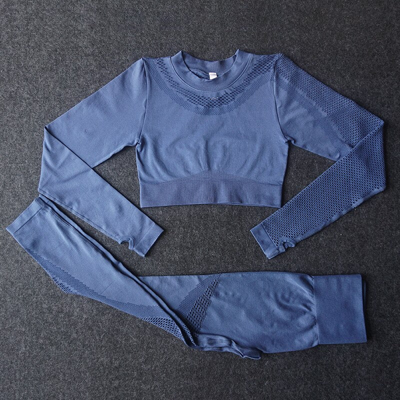2 Piece Gym Set Women Hollow Out Yoga Set Long Sleeve Top High Waist - Image 13