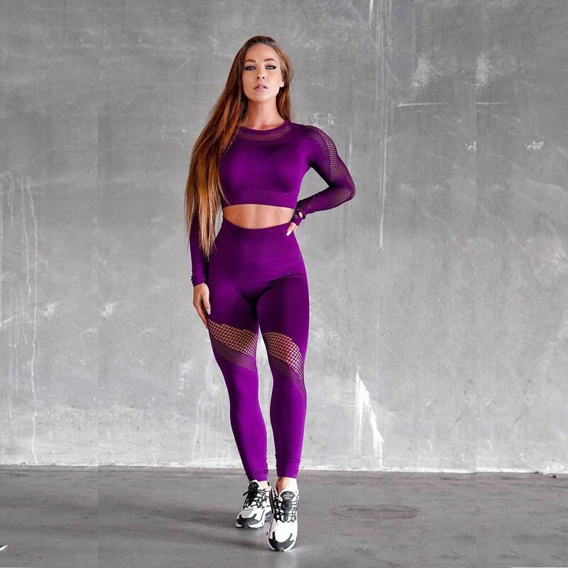 2 Piece Gym Set Women Hollow Out Yoga Set Long Sleeve Top High Waist - Image 2