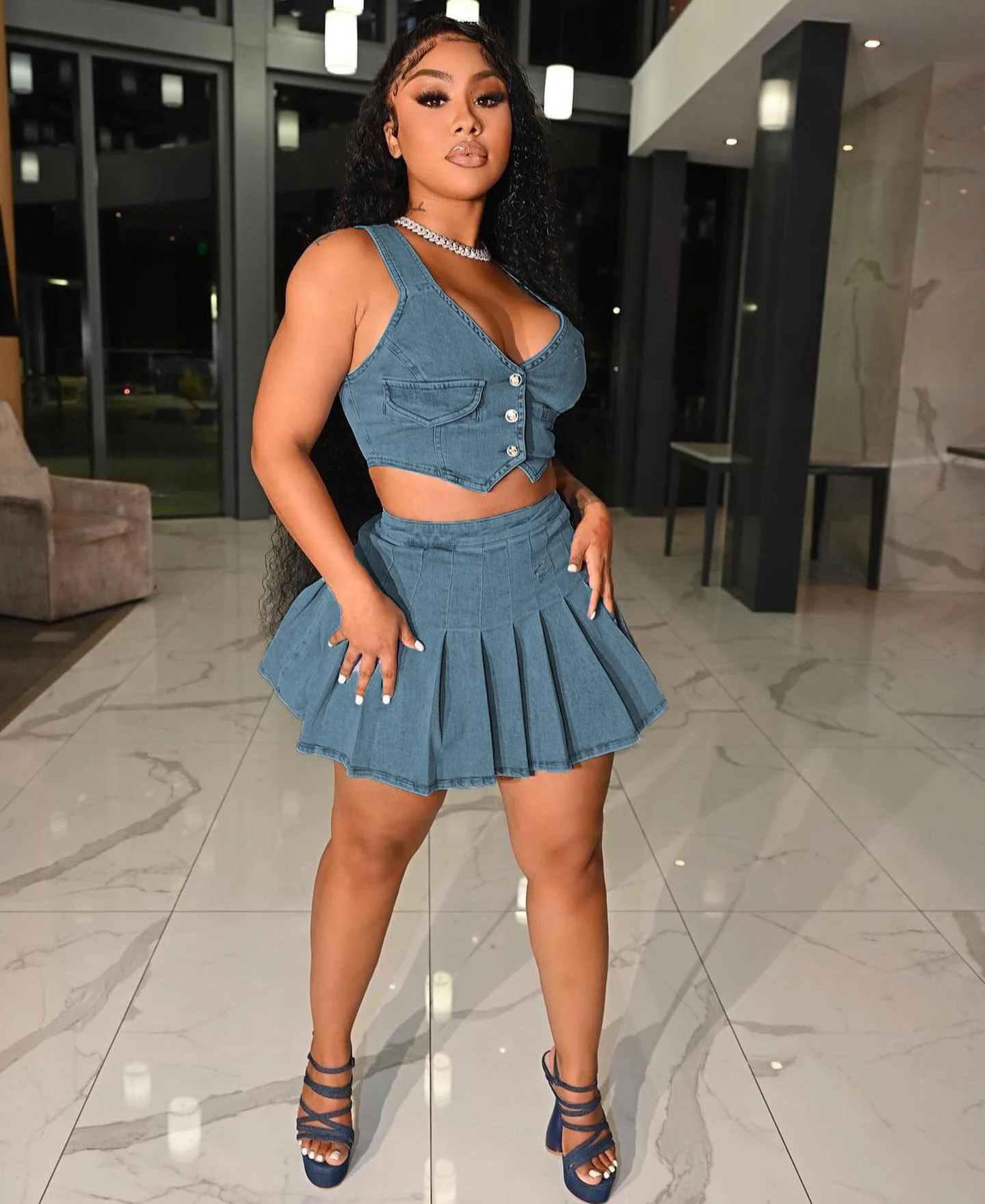 Sexy 2 Piece Set Jeans Women Shorts Set Women Denim Ladies Skirts and Top Set Women Crop Top - Image 3