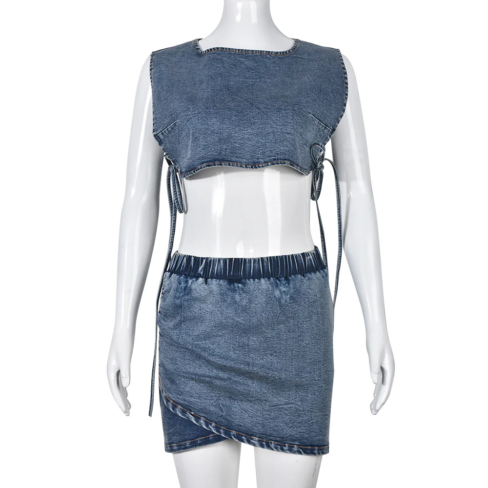 Women's 2-Piece Summer Clothing Set - Jeans Shorts, Vest, Skirt, and Crop Top Suit - Image 3