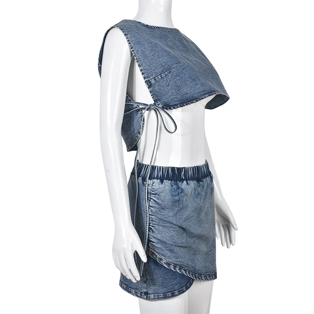 Women's 2-Piece Summer Clothing Set - Jeans Shorts, Vest, Skirt, and Crop Top Suit - Image 4
