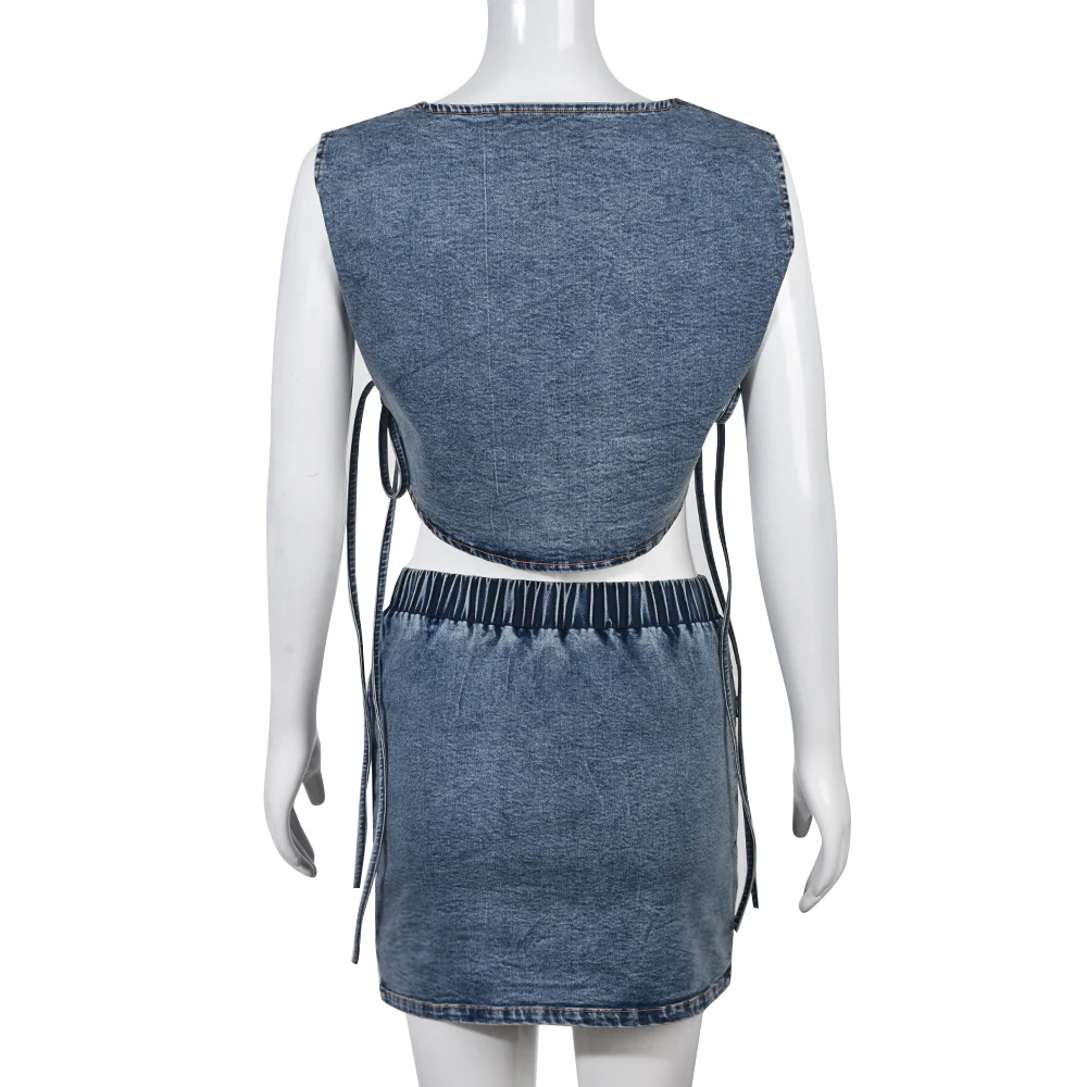 Women's 2-Piece Summer Clothing Set - Jeans Shorts, Vest, Skirt, and Crop Top Suit - Image 5