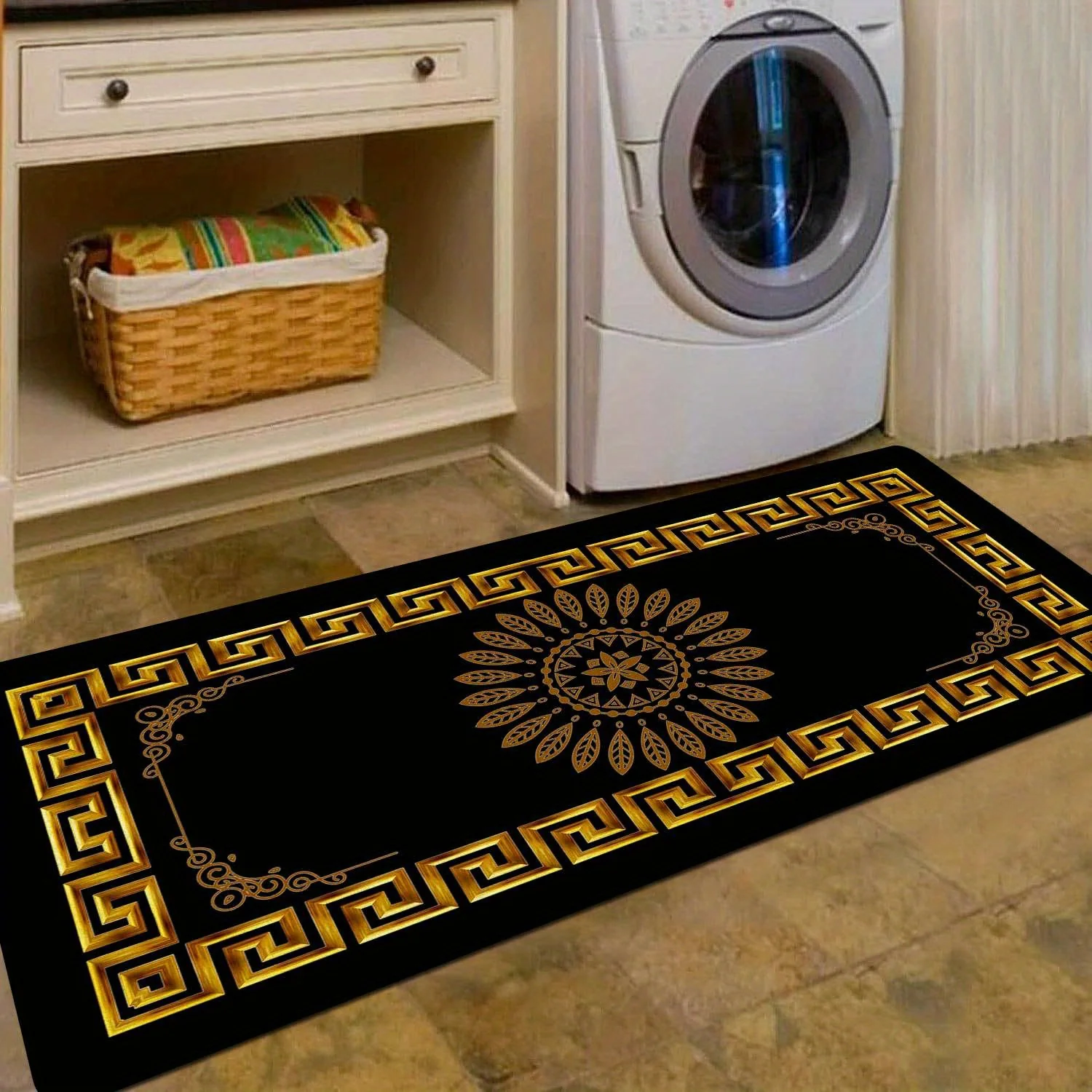2-Piece Set Modern Simple Style Kitchen Mats, Golden Geometric Print, Non-Slip Bar and Entryway Runner, Soft Corridor Carpet, Polyester, Machine Washable - Image 6