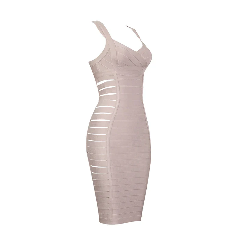 2018 New Fashion Beige Nude Sexy V Neck Side Hollow Out Mini Party Celebrity Women Wholesale Bandage Dress - Image 5