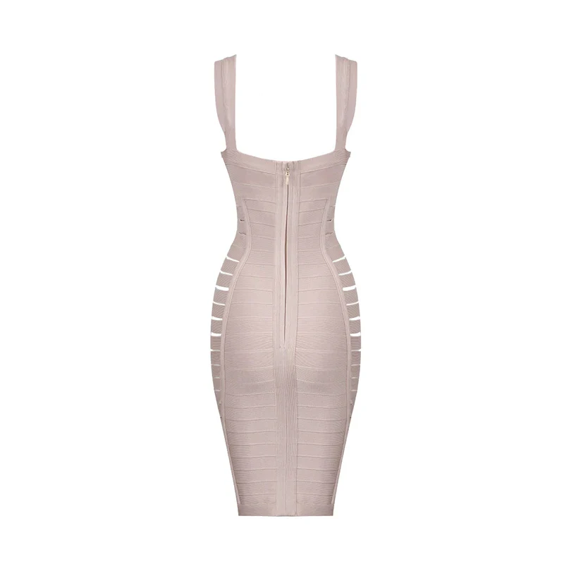 2018 New Fashion Beige Nude Sexy V Neck Side Hollow Out Mini Party Celebrity Women Wholesale Bandage Dress - Image 6