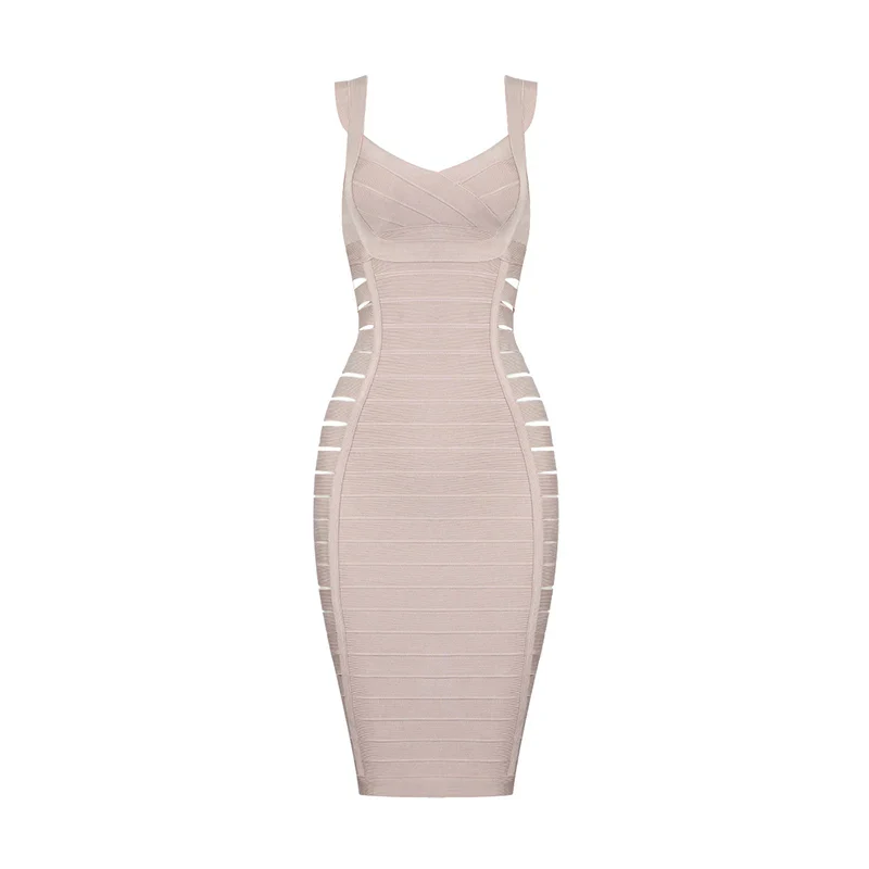 2018 New Fashion Beige Nude Sexy V Neck Side Hollow Out Mini Party Celebrity Women Wholesale Bandage Dress - Image 7