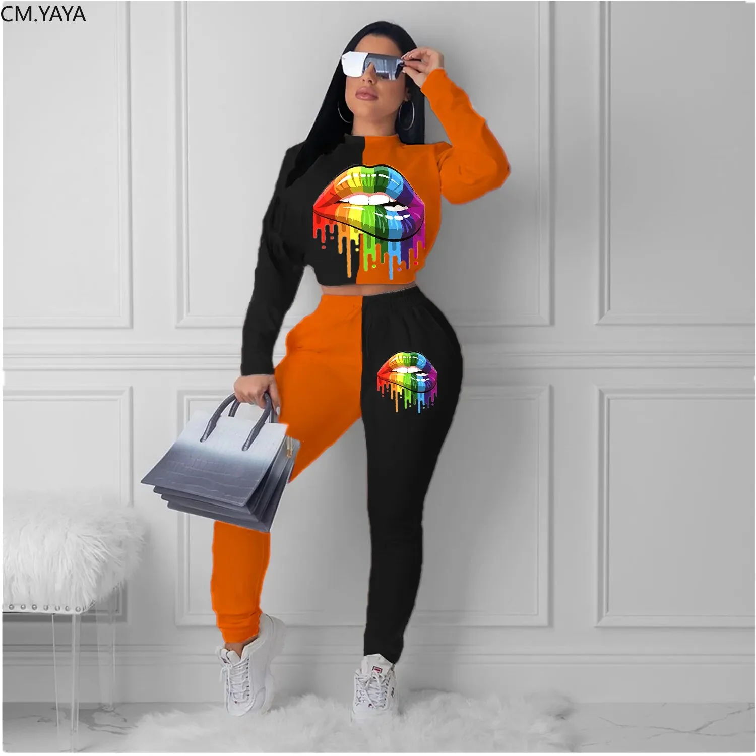 2019 Autumn Winter Women Tracksuits Turtleneck Mouth Print Long Sleeve Top Long Pants two piece set Casual Sporty Outfits L5093 - Image 2