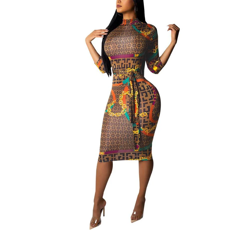 2019 Sexy Spring Print Women Casual Dress Zipper Stand Neck Half Sleeve Sexy Bodycon - Image 9