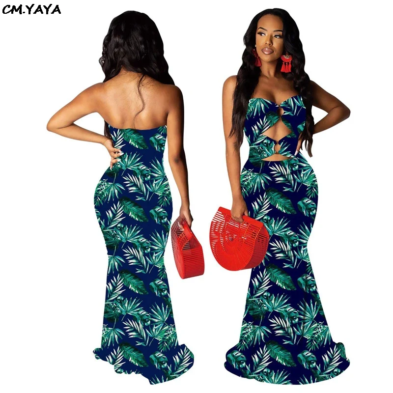 2019 Women New Summer Strapless Cut Out Leaf Print Mermaid Maxi Dress Sexy Club Party Night Floor Length Long Dresses - Image 7