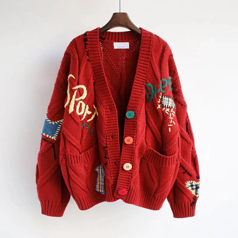 2020 Autumn Winter Women Cardigan Warm Knitted Sweater Jacket Pocket Embroidery Fashion Knit Cardigans Coat Lady Loose Sweaters - Image 4