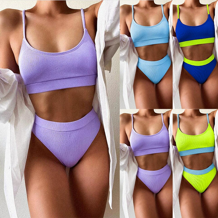 2020 European and American Beach Triangle Fluorescent Color Bikini High Waist Two-Piece Swimsuit Minimalist Bikini Sexy Swimsuit - Image 3