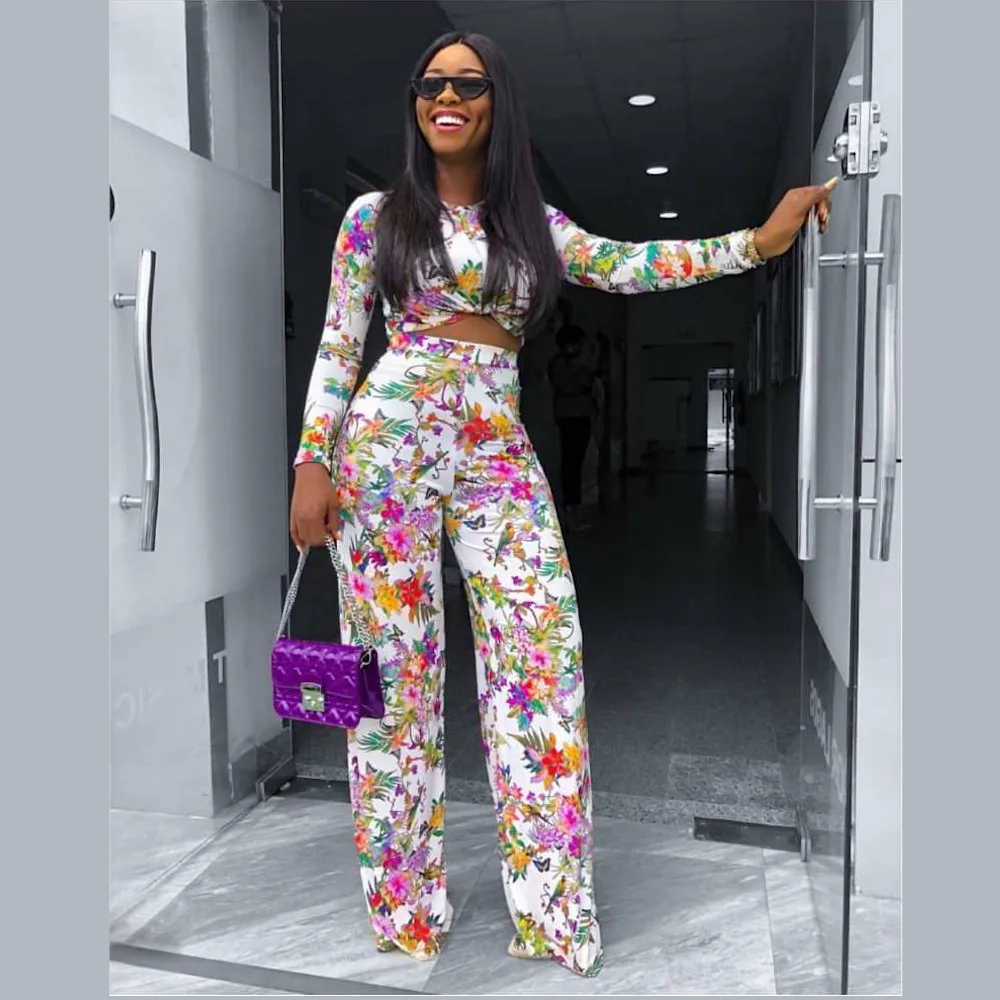 2020 Ins Internet Celebrity Famous two pieces Office Lady Women Set Print Floral T-shirts And Long Pants - Image 2