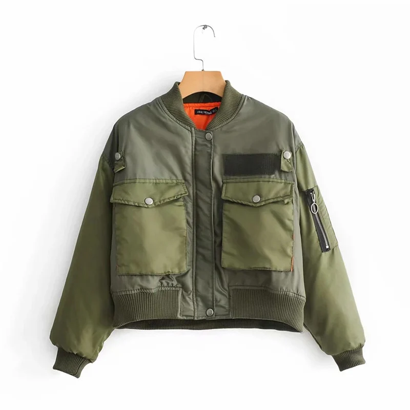 2020 stylish lady autumn winter green short jackets zipper bomber jacket outwear - Image 2