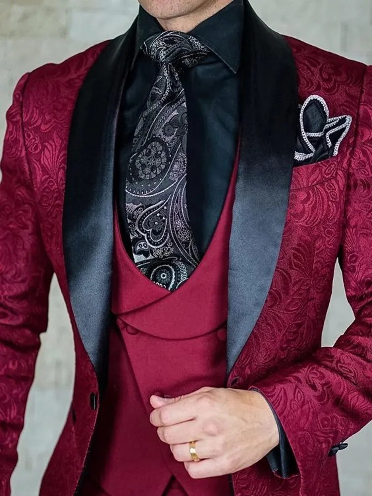 Tailor-Made Burgundy Wedding Men Suits Slim Fit Tuxedo 3 Pieces Suits Groom Prom Jacquard Blazer Terno Masculino Suits - Image 15
