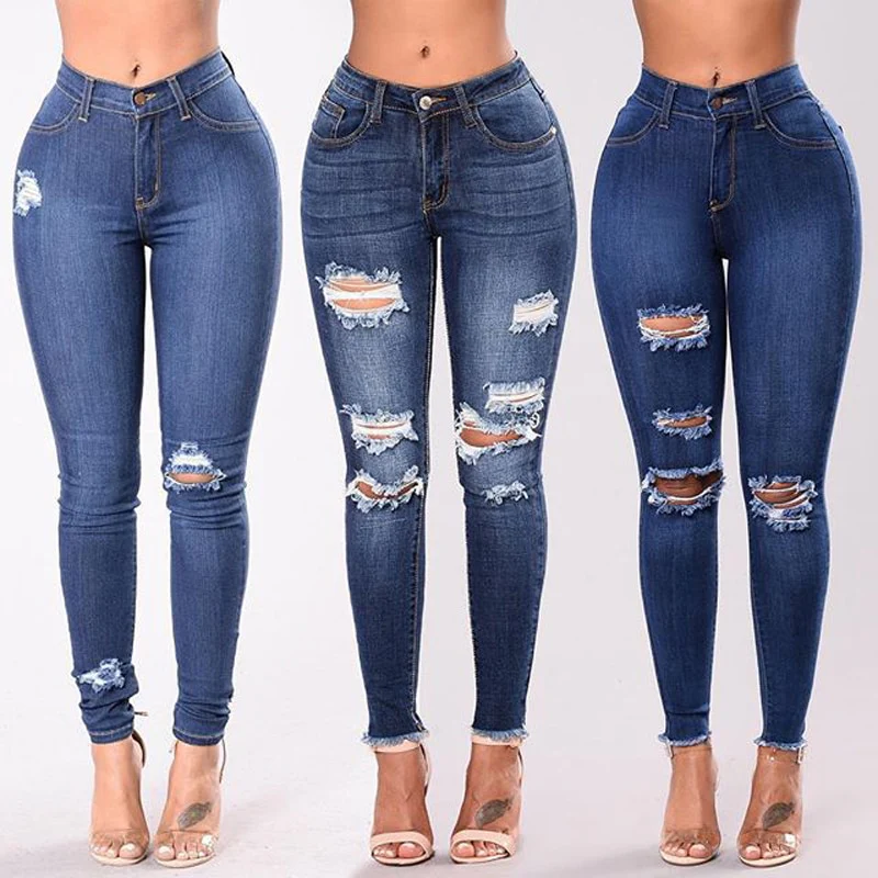 2020 Women Jeans  Newest Hot Stretch Skinny Ripped Hole Denim Female Slim High Waist