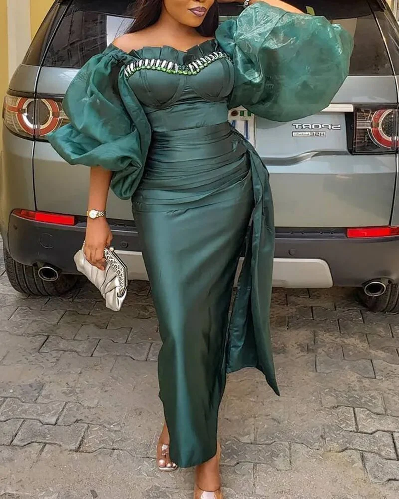2021 African Dresses for Women Autumn African Women Short Sleeve Green Plus Size Dress African Clothes S-5XL - Image 4