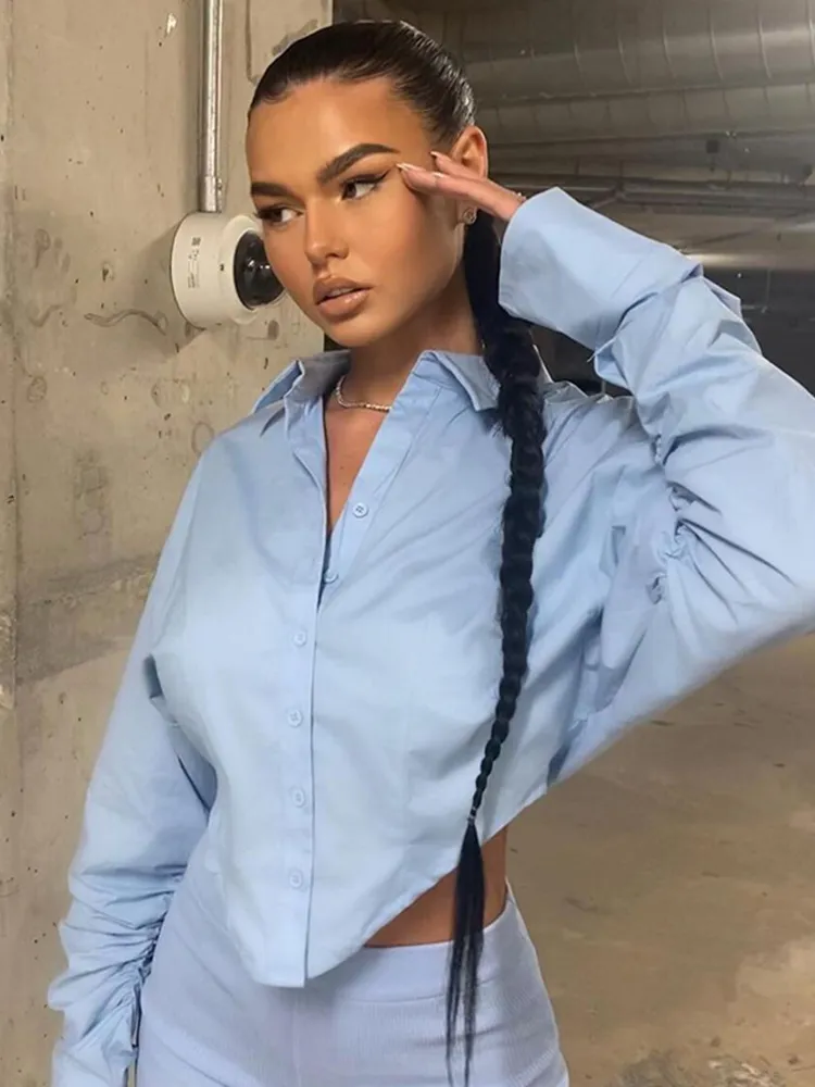2021 Autumn Winter Women Long Sleeve Solid White Ladies Short Crop Blouse Shirt For Woman Female - Image 5