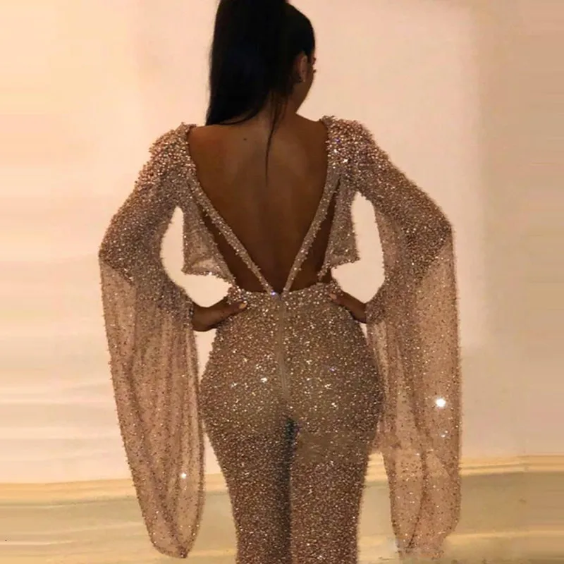 2021 Autumn Women Sexy Glitter Sparkly Backless Jumpsuits Evening Clubwear Long Overalls Club Party Night One Piece Jumpsuit - Image 2