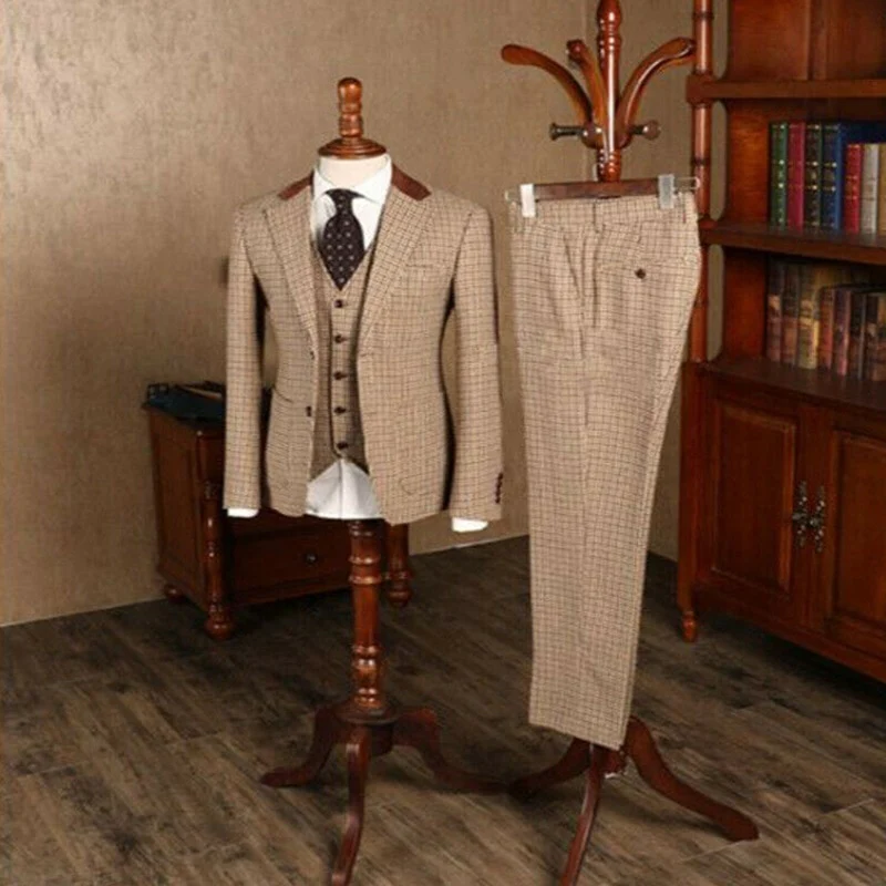 2021 Brown Classic Plaid Tweed Suit for Men Slim fit Groom Wedding Tuxedo - Image 3