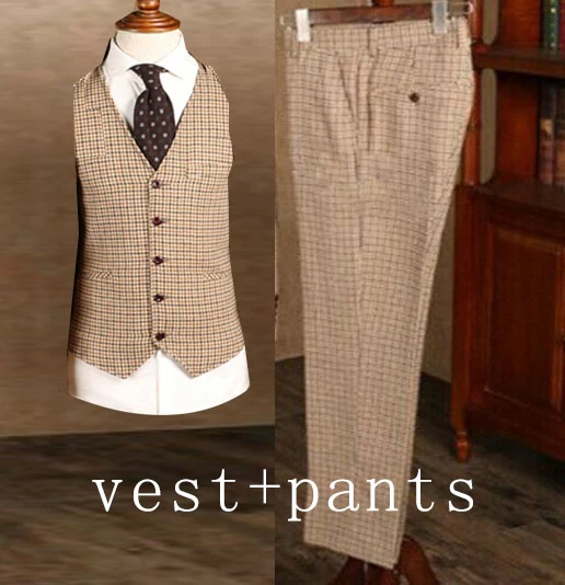 2021 Brown Classic Plaid Tweed Suit for Men Slim fit Groom Wedding Tuxedo - Image 4