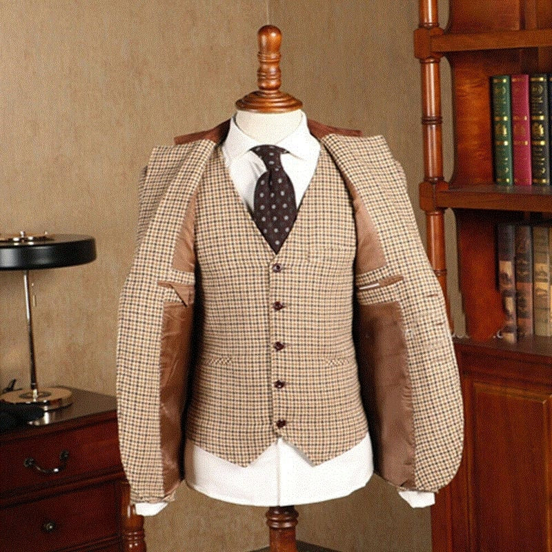 2021 Brown Classic Plaid Tweed Suit for Men Slim fit Groom Wedding Tuxedo - Image 6