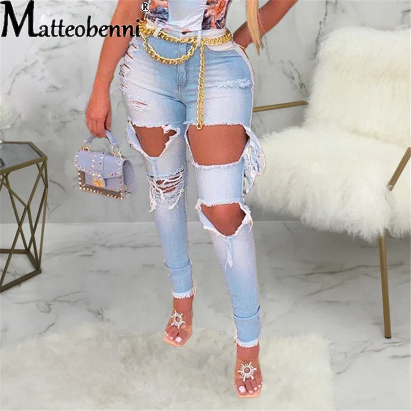 2021 Fashion Sexy Stretch Slim Denim Pant Women's High Waist Zipper Fly Casual Big Hole Skinny Bottom Streetwear Pencil Jeans - Image 2