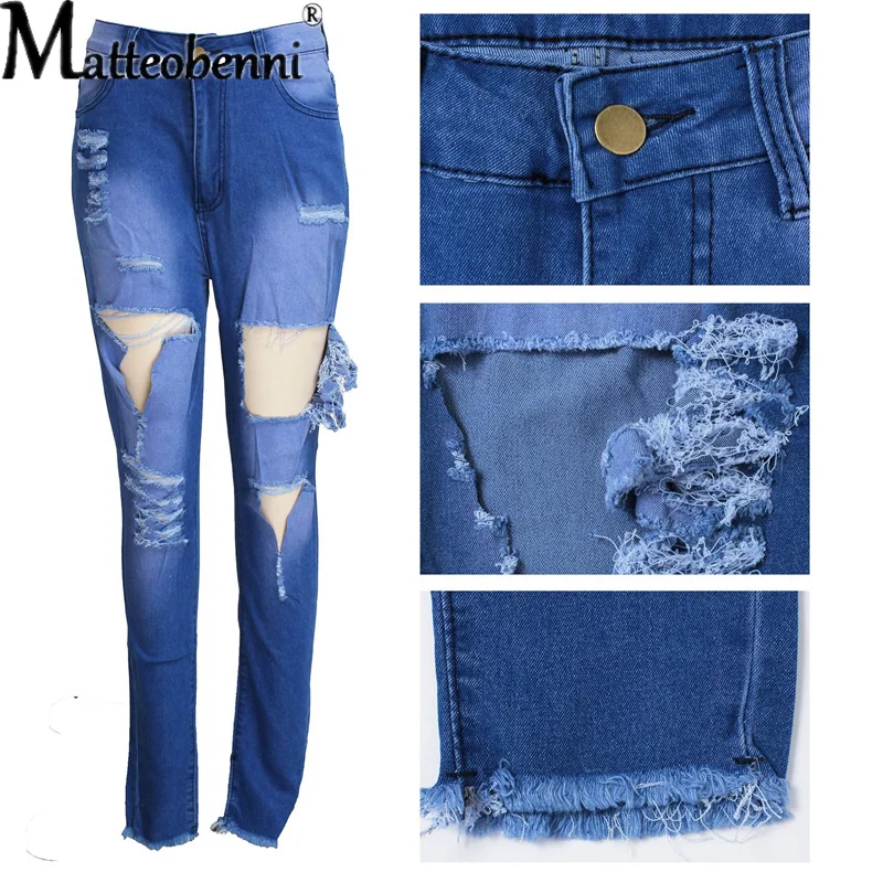 2021 Fashion Sexy Stretch Slim Denim Pant Women's High Waist Zipper Fly Casual Big Hole Skinny Bottom Streetwear Pencil Jeans - Image 3