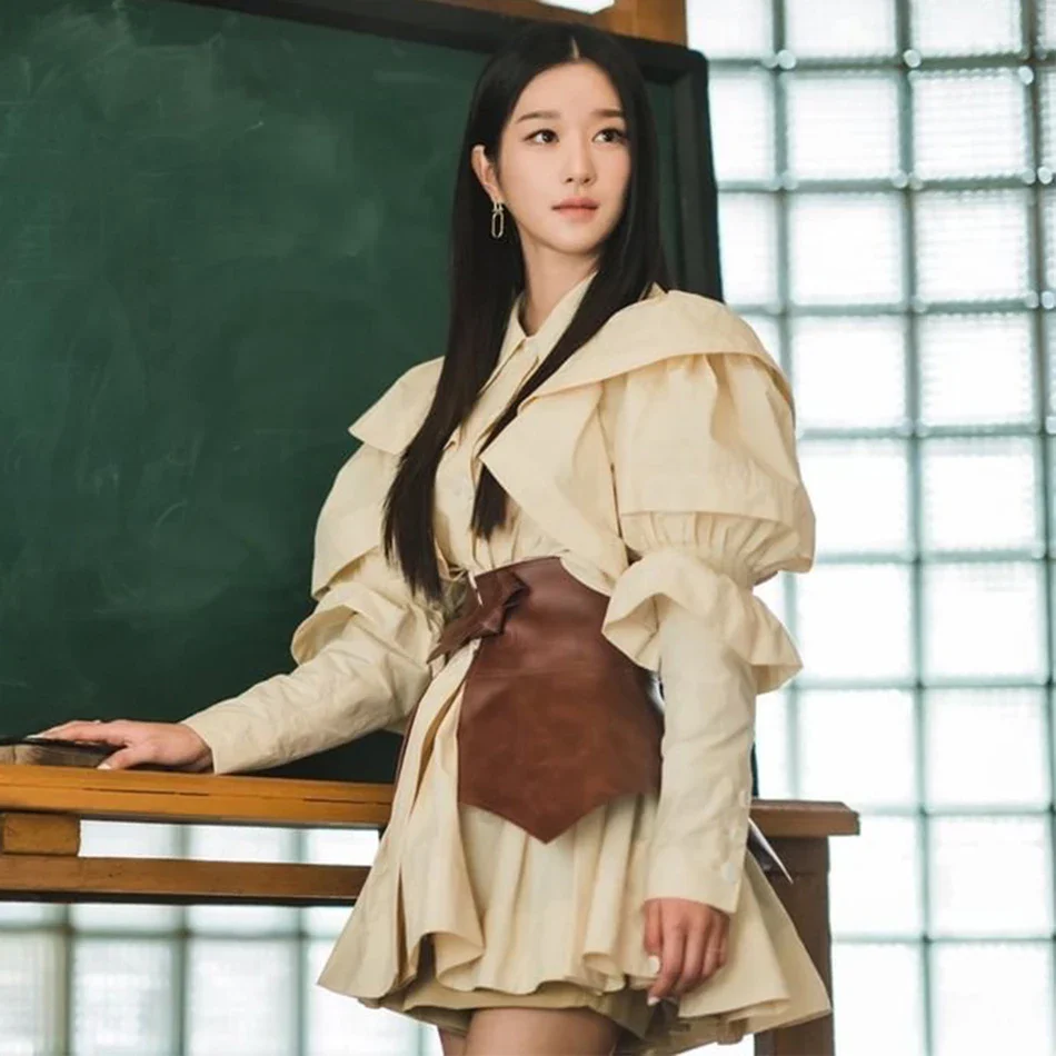 2021 New Autumn Fashion Women Ruffles Lantern Full Sleeves Pleated Single Breasted Turn-Down Collar Shirt Dress And Bundle - Image 3