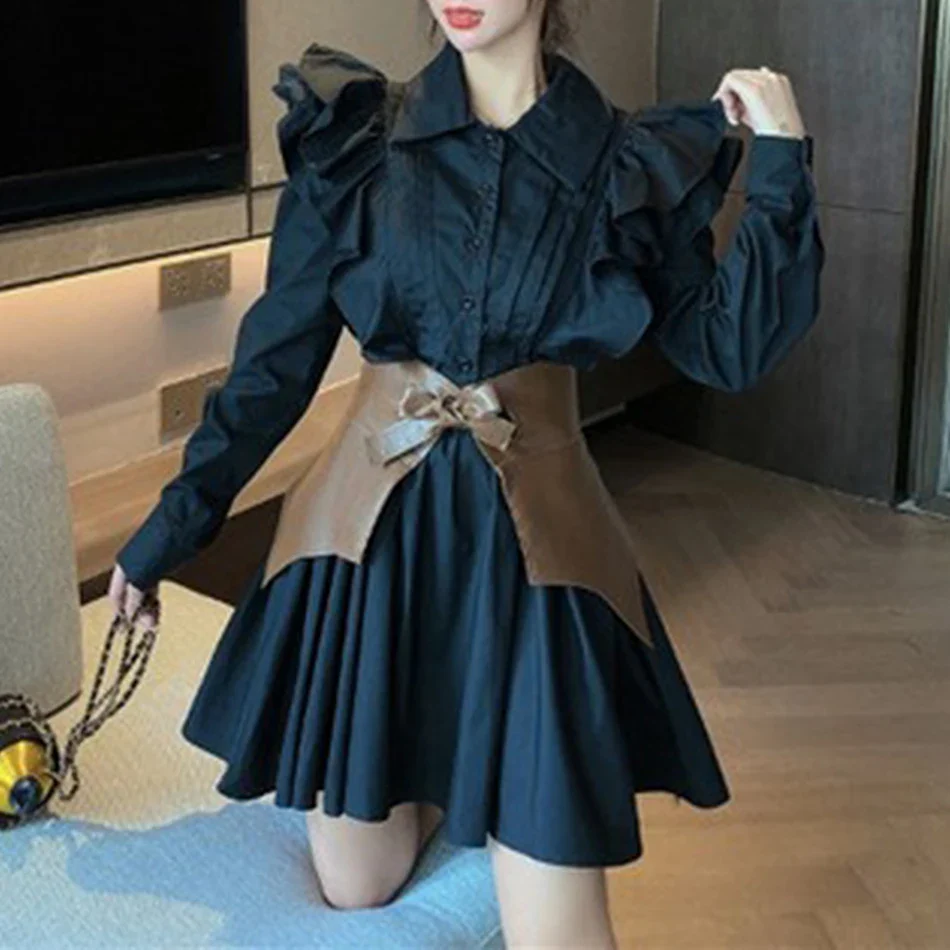 2021 New Autumn Fashion Women Ruffles Lantern Full Sleeves Pleated Single Breasted Turn-Down Collar Shirt Dress And Bundle - Image 7