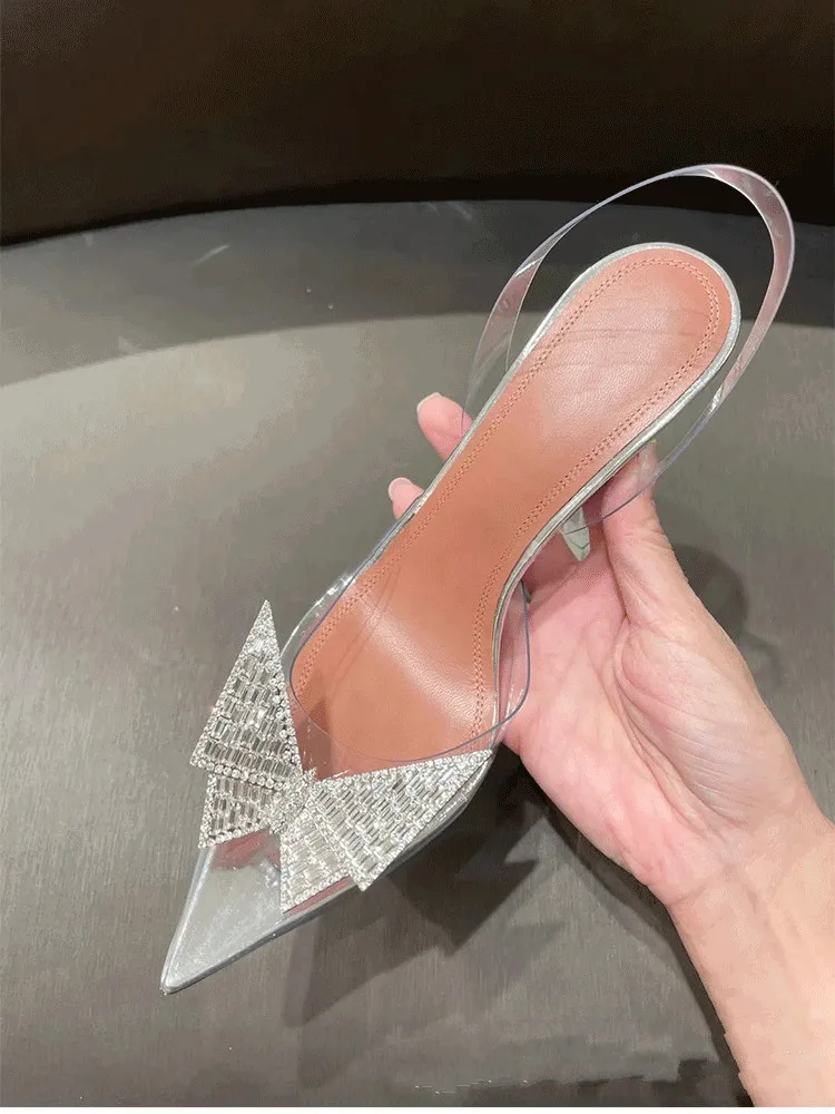 2021 New Pointed Transparent Sandals Women's Bun Water Drill Bow Wine Glass Heels - Image 5