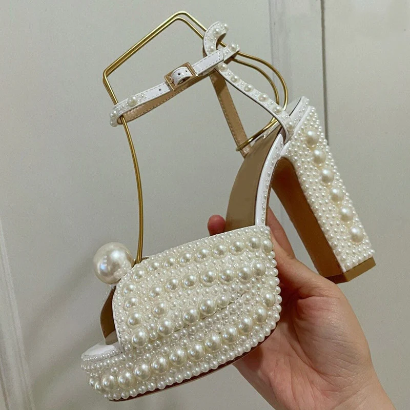 2021 Sexy Pearl Platform Sandals Women Open Toe Rhinestone Diamond Square High Heels Shoes - Image 5