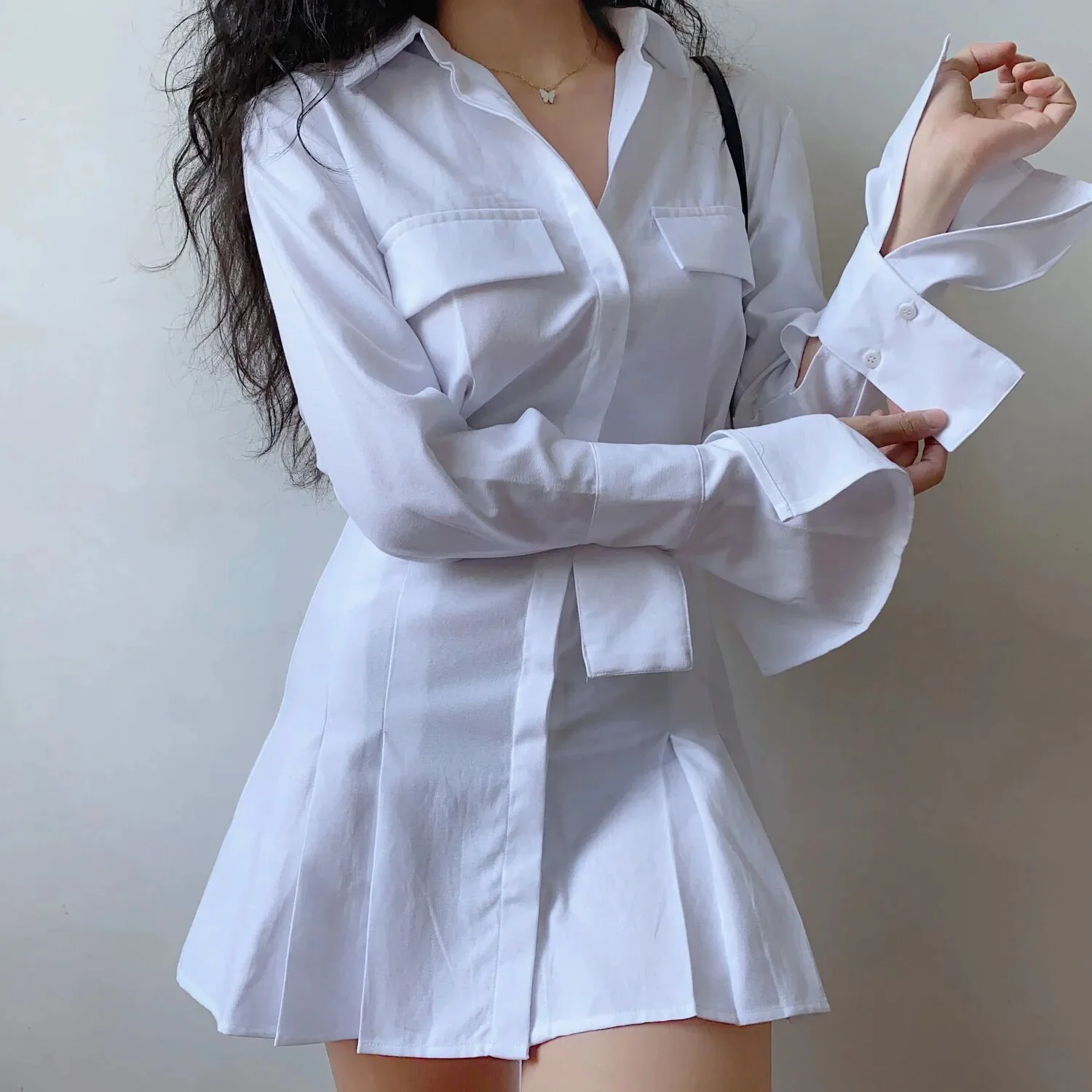 2021 Spring Long Sleeve White Pleated Shirts Women Casual Turn Down Collar Chiffon Blouse Office Lady A Line Style Vestidos Tops - Image 7
