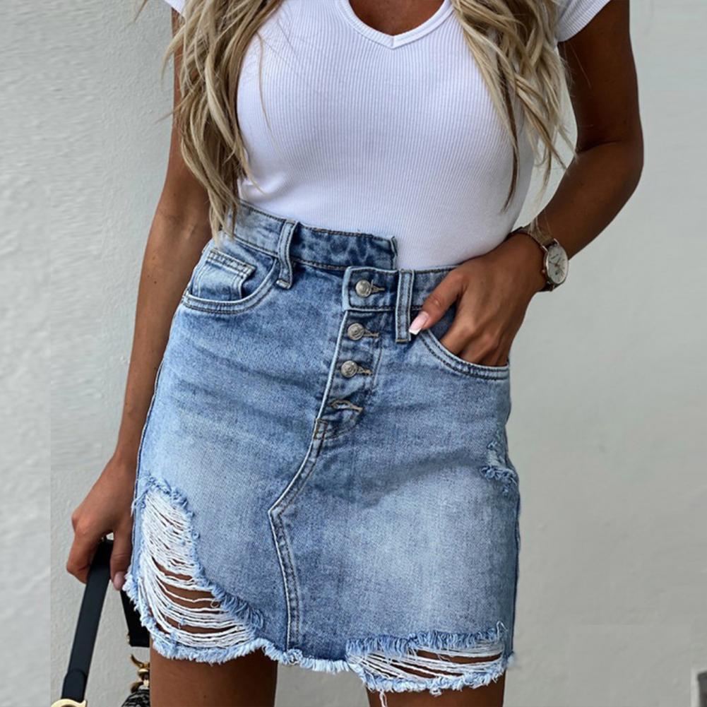 2021Sexy Summer Women Mini Denim Skirt Fashion High Waist Breathable Polyester Pockets Button - Image 4