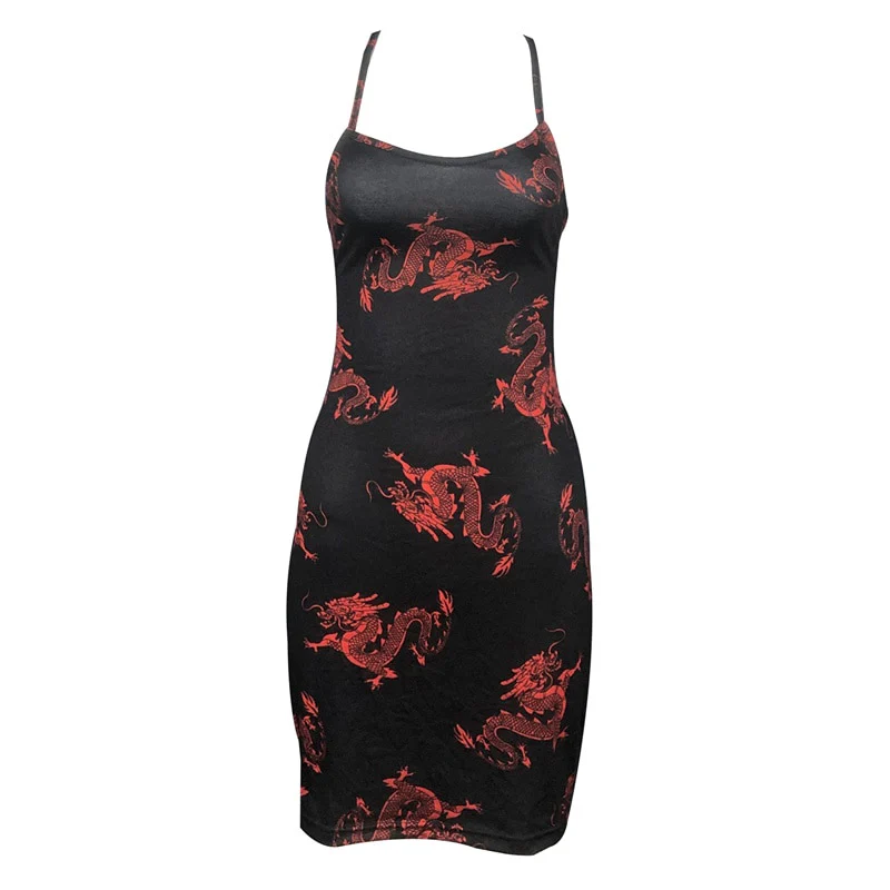 Sexy Women Summer Skirt, Dragon Printing Spaghetti Strap Backless Cross Straps Sheath Dress - Image 2
