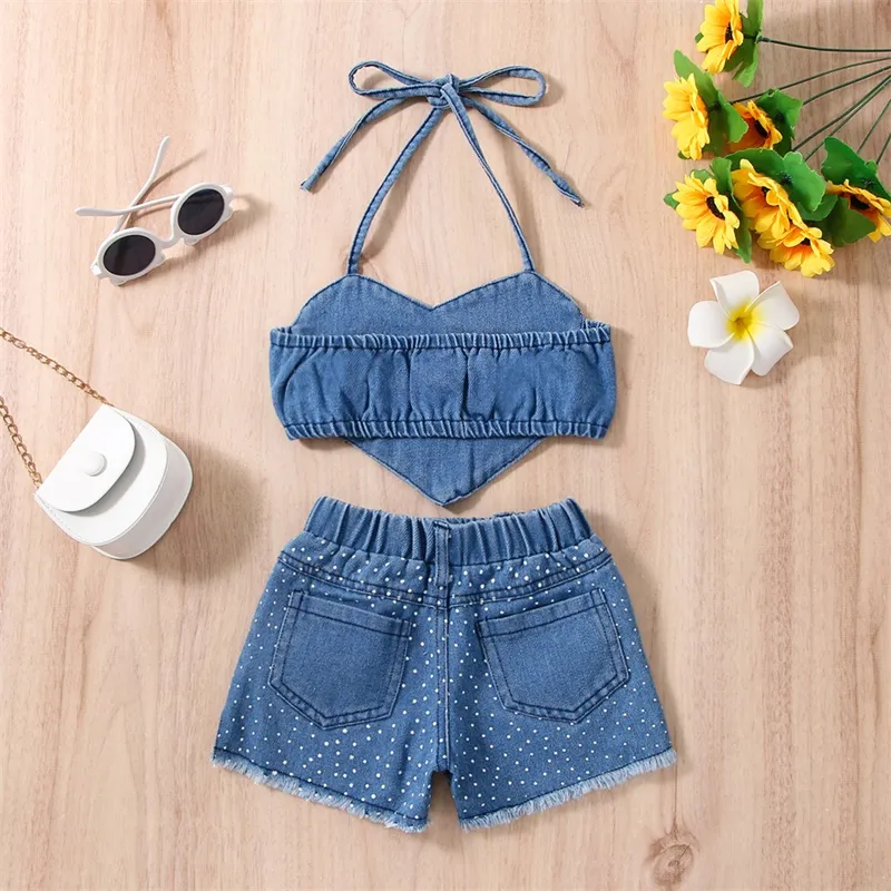 2022-12-29 Lioraitiin 0-6Years Toddler Girl Summer Clothes 2Pcs Outfits Dot Print Heart Denim Camisole Ripped Jeans Shorts - Image 2