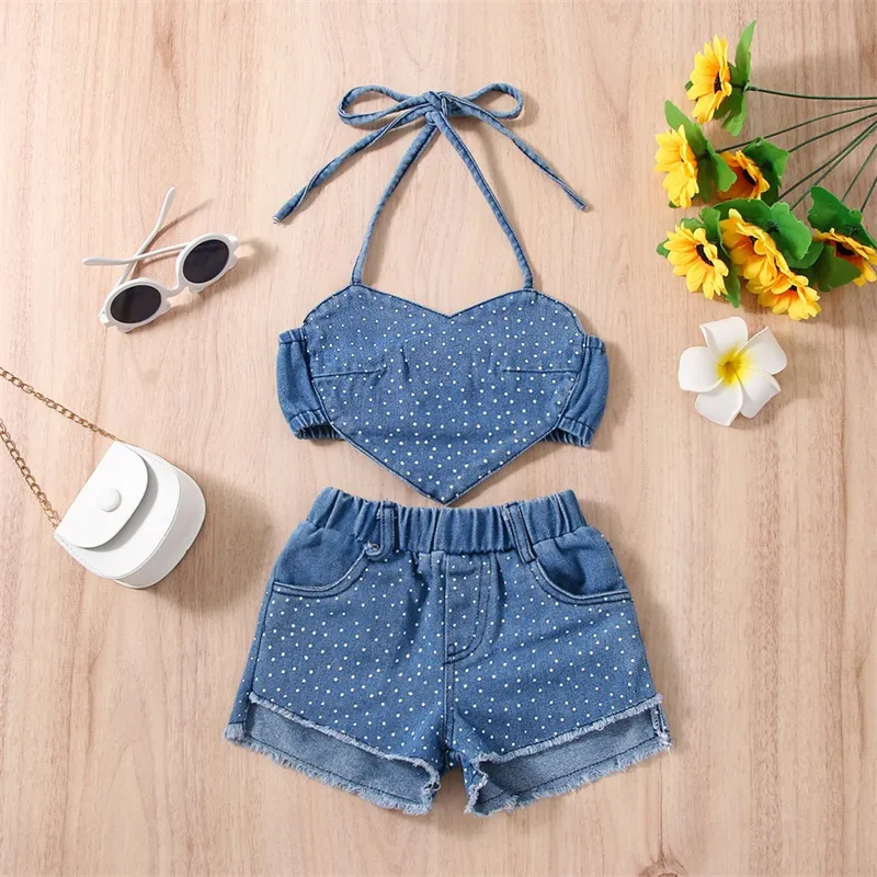 2022-12-29 Lioraitiin 0-6Years Toddler Girl Summer Clothes 2Pcs Outfits Dot Print Heart Denim Camisole Ripped Jeans Shorts - Image 3
