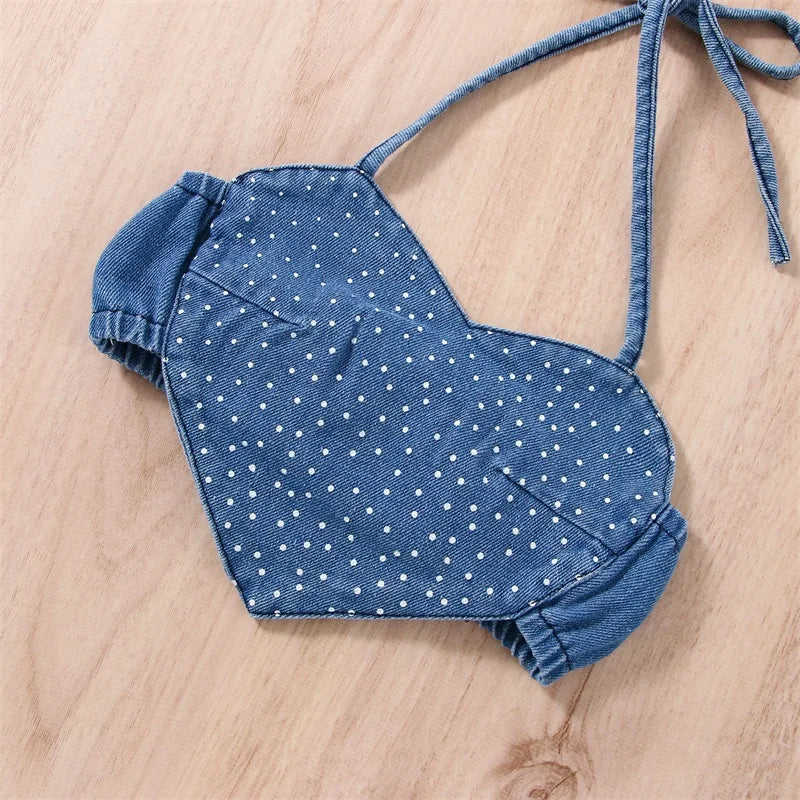 2022-12-29 Lioraitiin 0-6Years Toddler Girl Summer Clothes 2Pcs Outfits Dot Print Heart Denim Camisole Ripped Jeans Shorts - Image 4