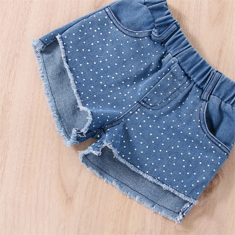 2022-12-29 Lioraitiin 0-6Years Toddler Girl Summer Clothes 2Pcs Outfits Dot Print Heart Denim Camisole Ripped Jeans Shorts - Image 5