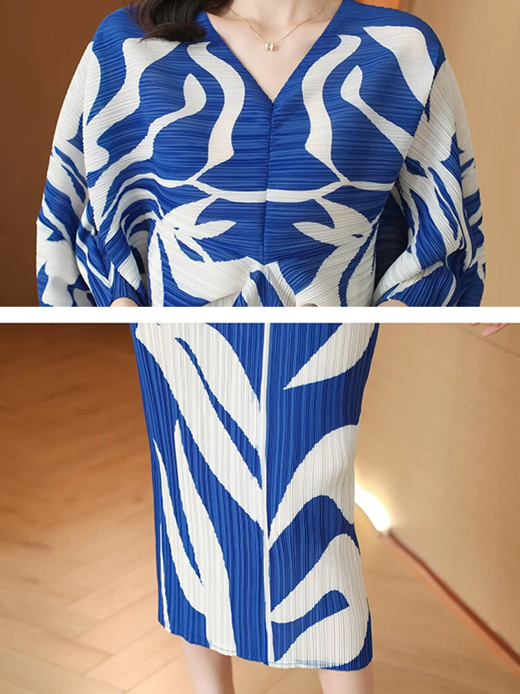 2022 Sexy Autumn Fold Pleated Long Dress For Women Batwing Sleeve V-Neck Colorblock - Image 5