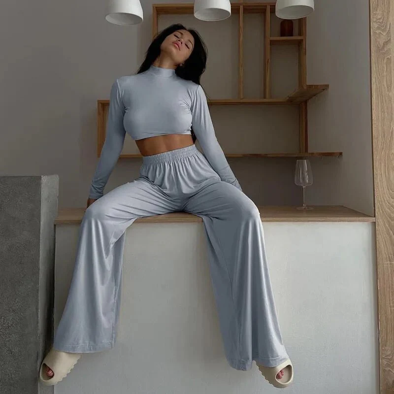 2022 Autumn Winter Women Solid Casual Fitness Tracksuit Set Outfits Long Sleeve Crop Tops Trouser Flare Pants 2 Two Piece Set - Image 9