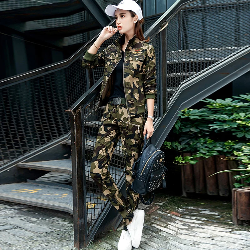 2022 Women's Cotton Casual Spring Camouflage Army Green Two Piece Set 3XL 4XL 5XL - Image 2