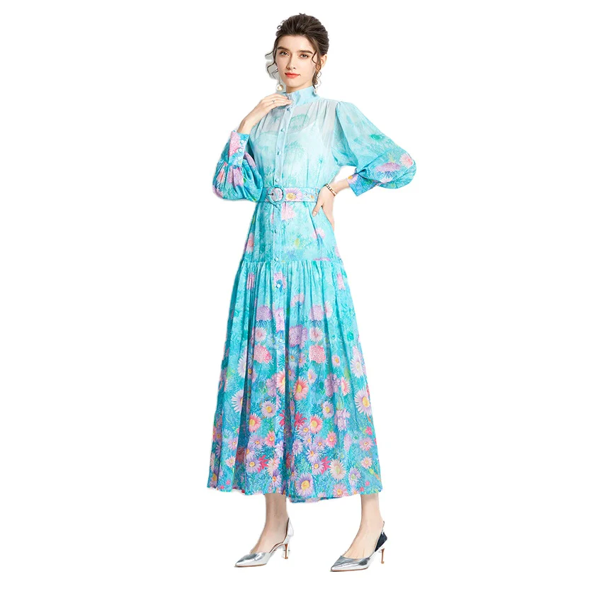 2022 Sexy Early Spring Stand Collar Lantern Sleeve Printed Long Dress XY6875078