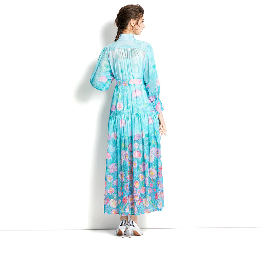 2022 Sexy Early Spring Stand Collar Lantern Sleeve Printed Long Dress XY6875078 - Image 4