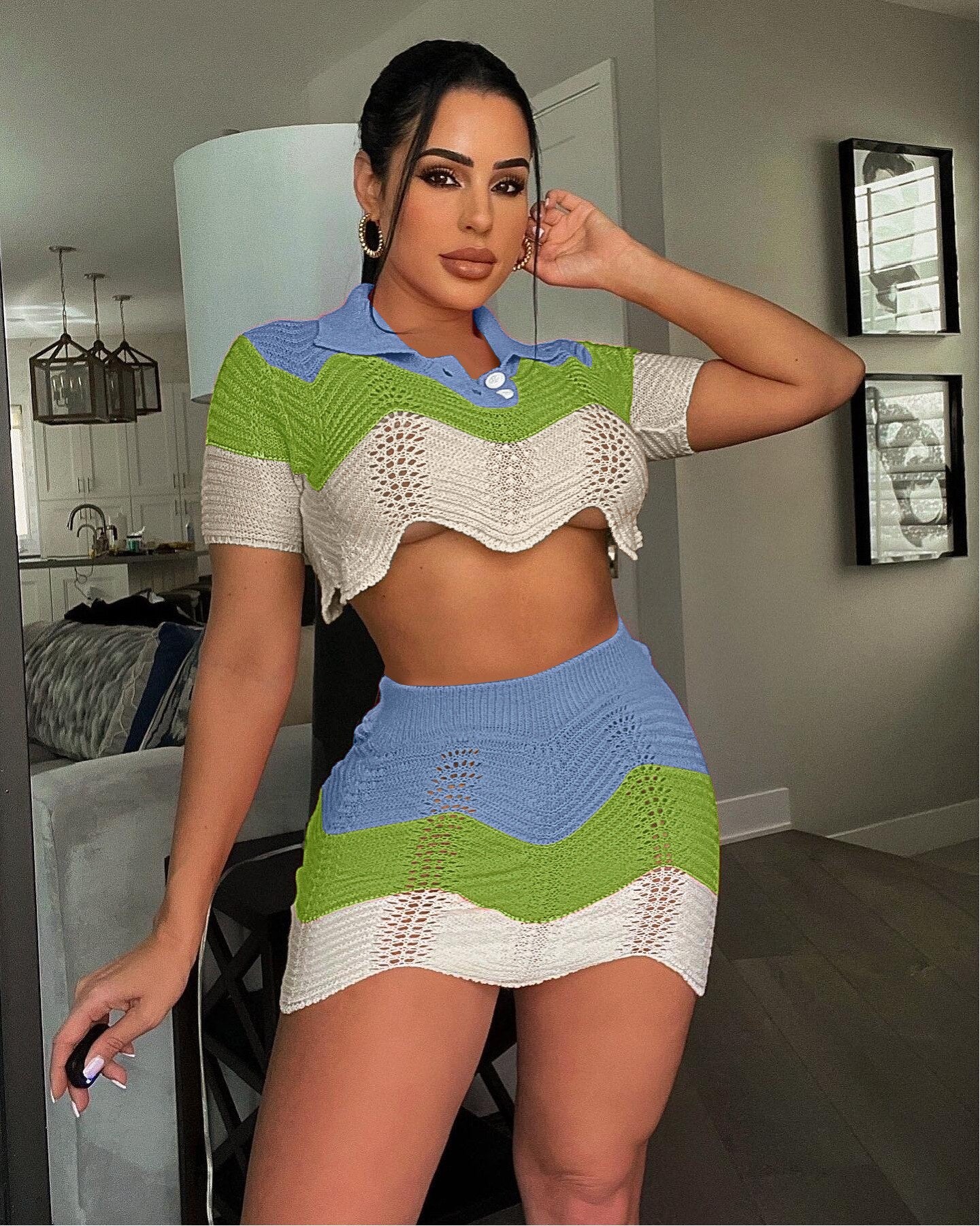 Sexy 2022 Elegant Temperament Hollow Out V-Neck Fashion Short Sleeve Wool Two Pieces Suit - Image 11