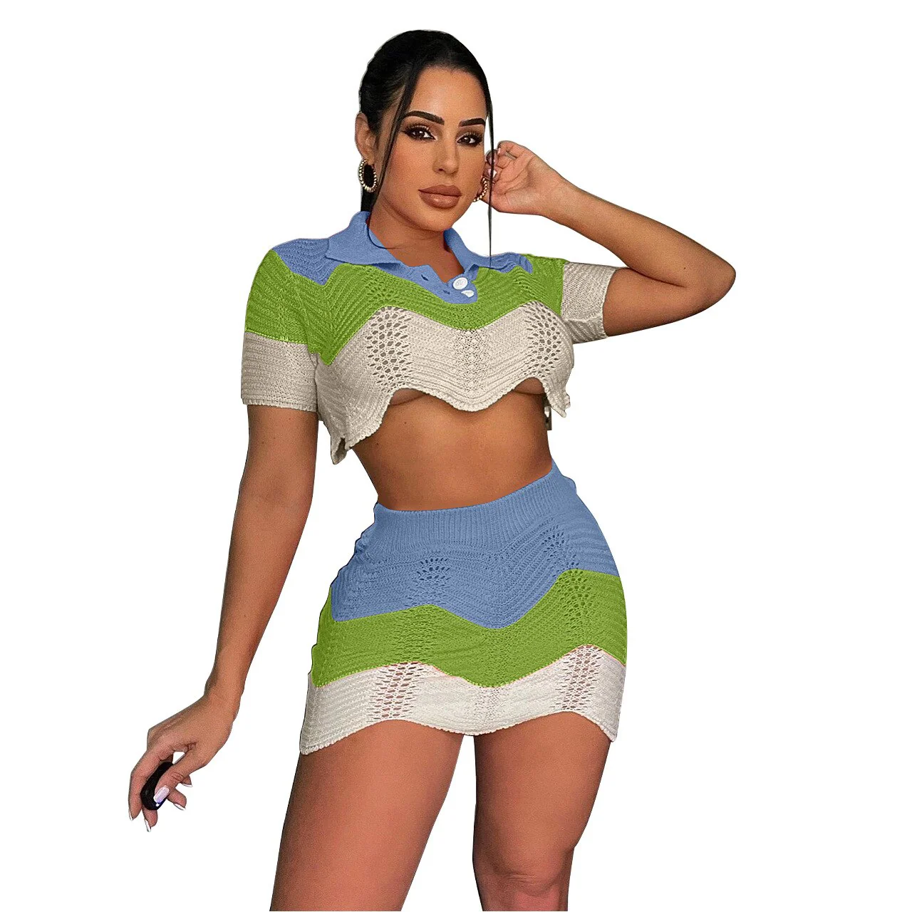 Sexy 2022 Elegant Temperament Hollow Out V-Neck Fashion Short Sleeve Wool Two Pieces Suit - Image 7